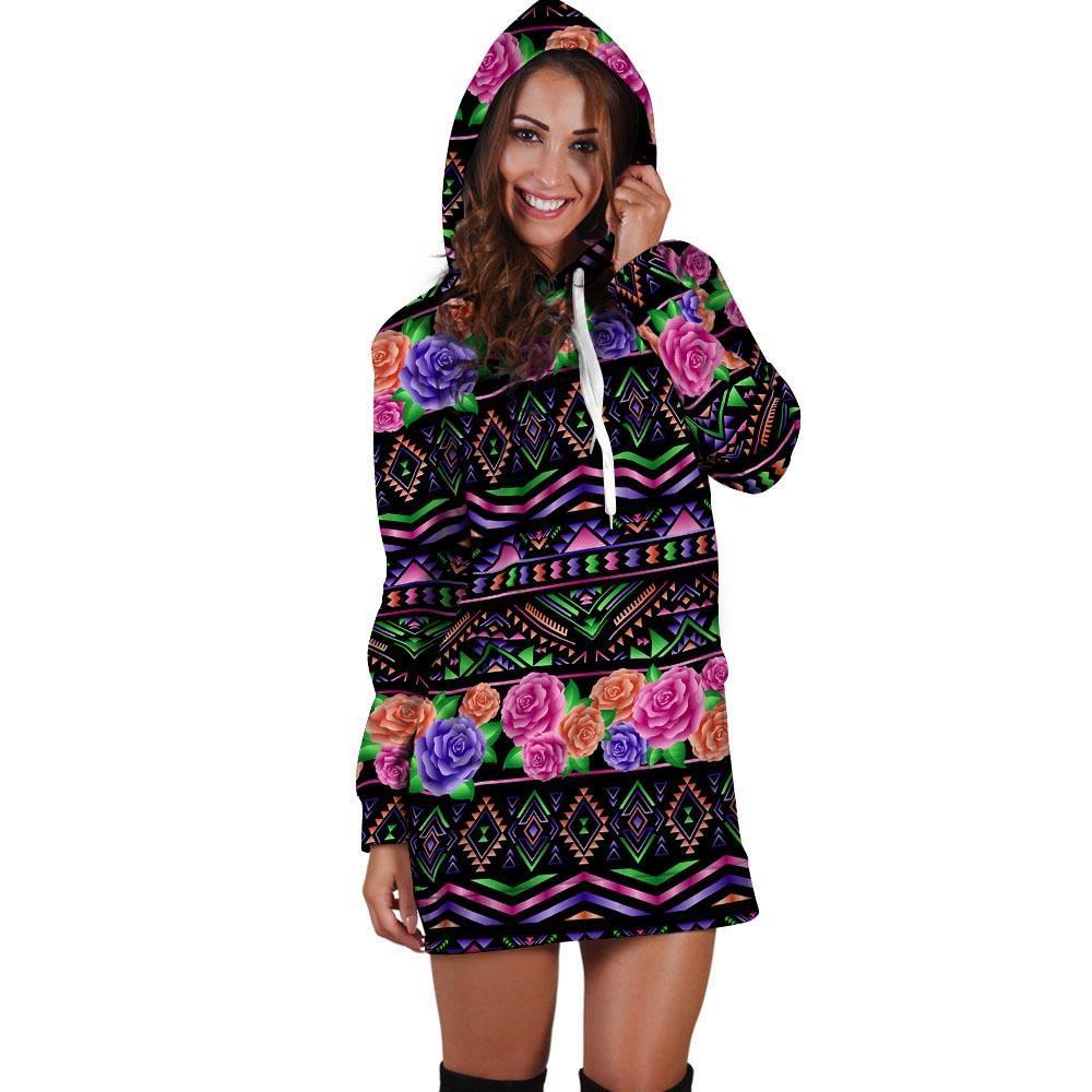 Multicolor Roses Ethnic Tribal Aztec Hoodie Dress-grizzshop