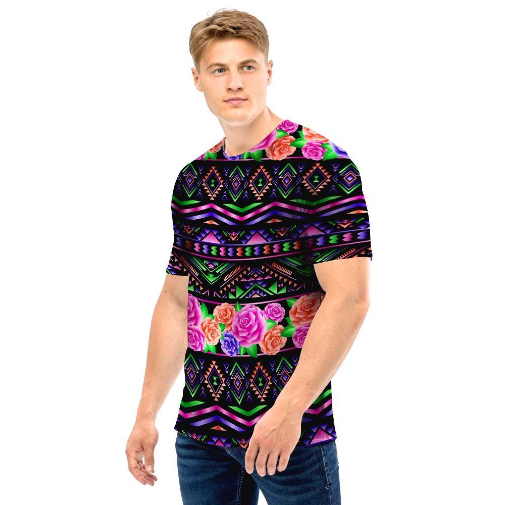 Multicolor Roses Ethnic Tribal Aztec Men T Shirt-grizzshop
