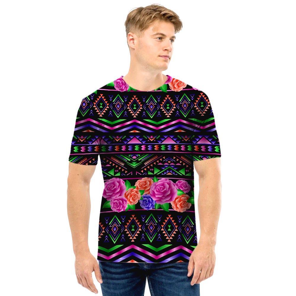 Multicolor Roses Ethnic Tribal Aztec Men T Shirt-grizzshop