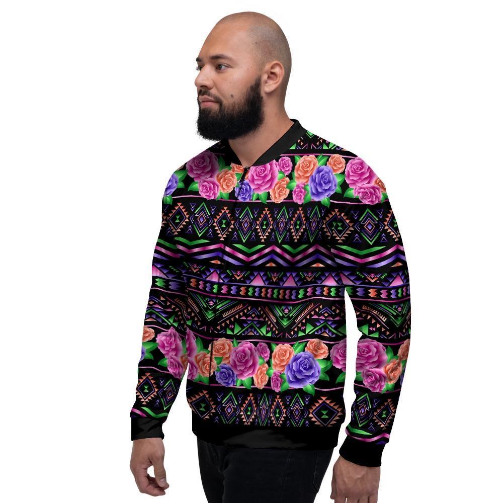 Multicolor Roses Ethnic Tribal Aztec Men's Bomber Jacket-grizzshop