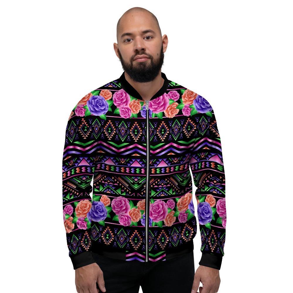 Multicolor Roses Ethnic Tribal Aztec Men's Bomber Jacket-grizzshop