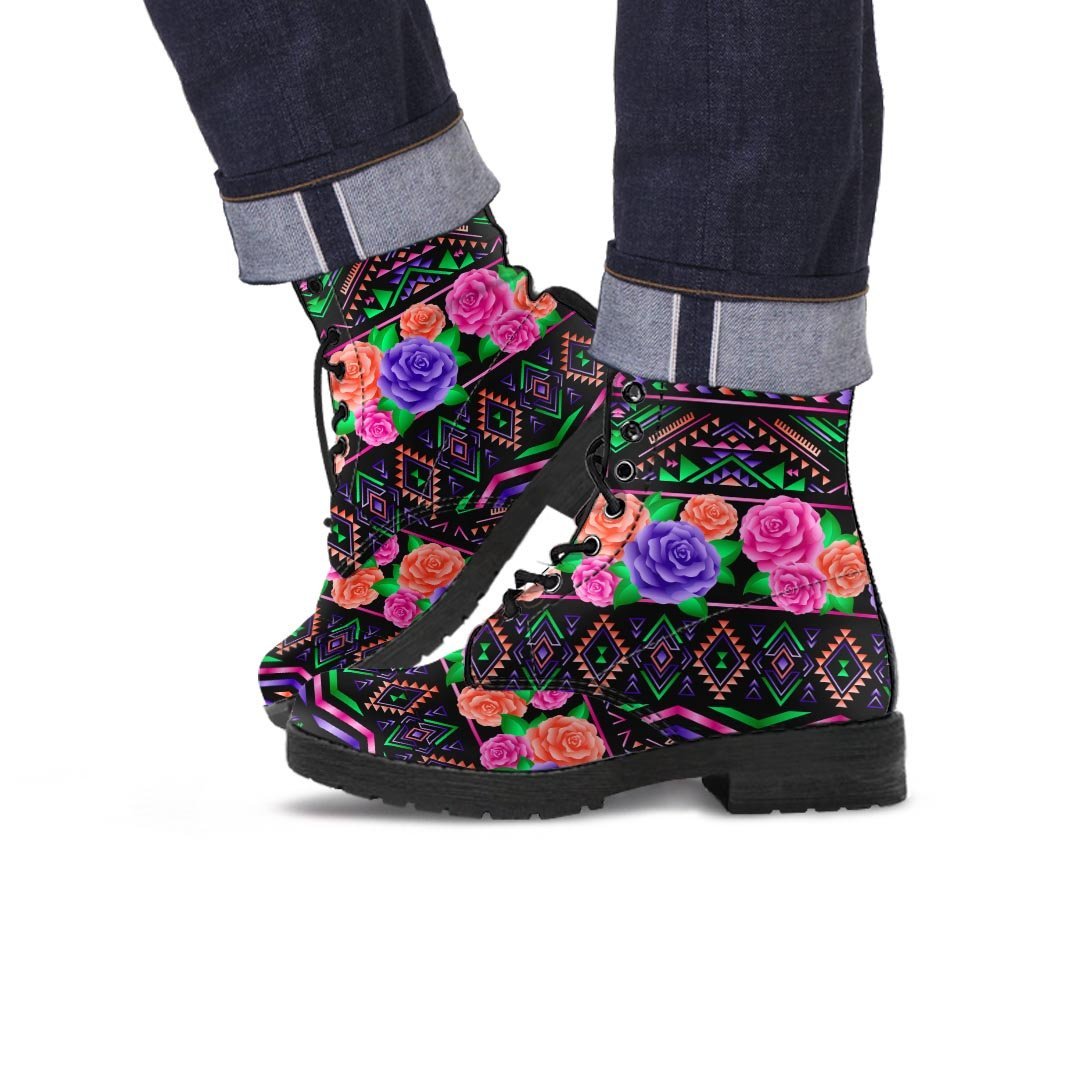 Multicolor Roses Ethnic Tribal Aztec Men's Boots-grizzshop