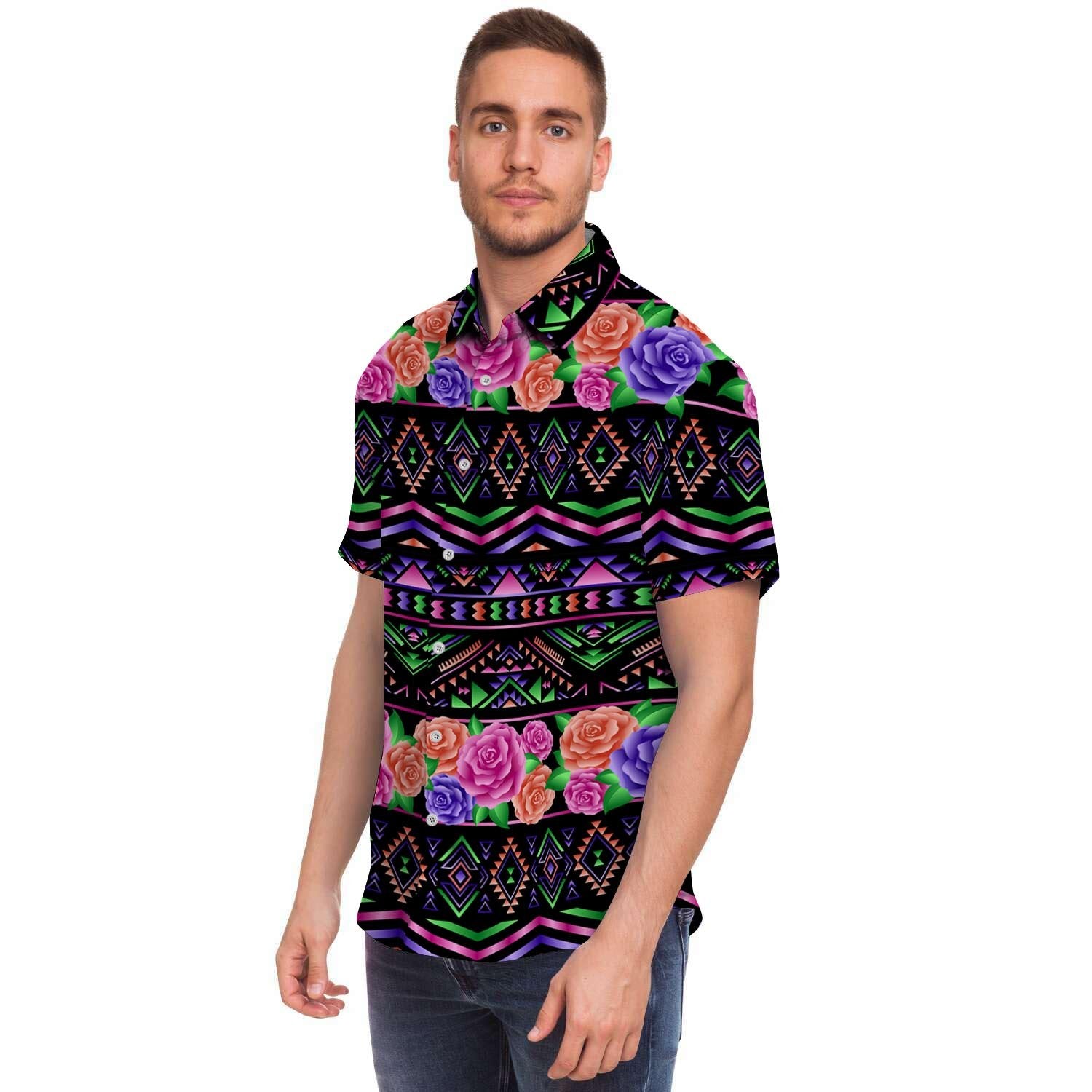 Multicolor Roses Ethnic Tribal Aztec Men's Short Sleeve Shirt-grizzshop