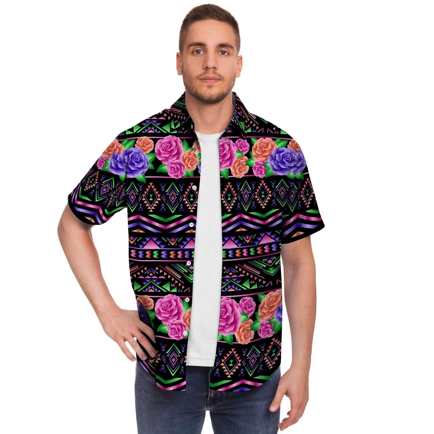 Multicolor Roses Ethnic Tribal Aztec Men's Short Sleeve Shirt-grizzshop
