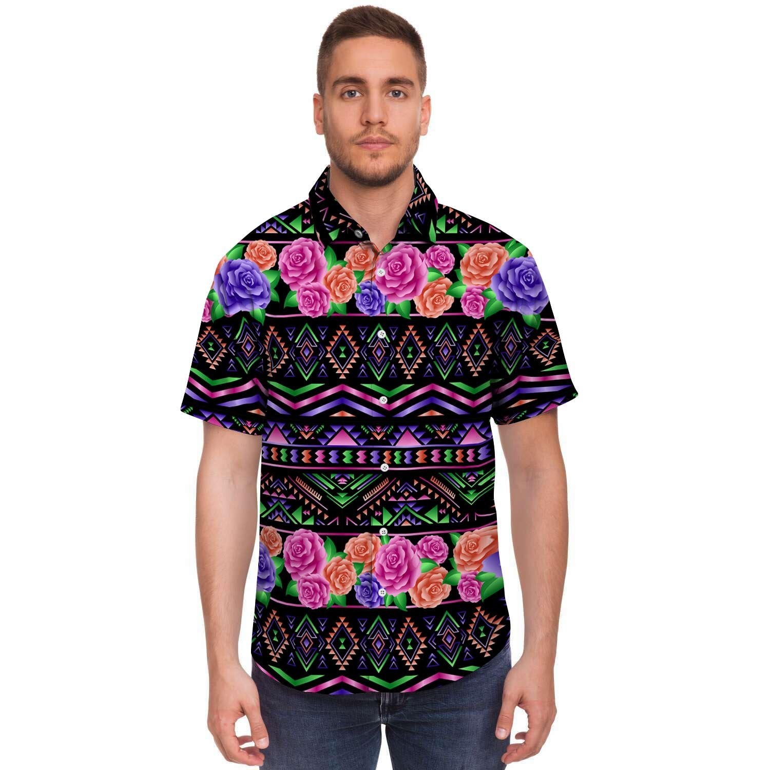 Multicolor Roses Ethnic Tribal Aztec Men's Short Sleeve Shirt-grizzshop