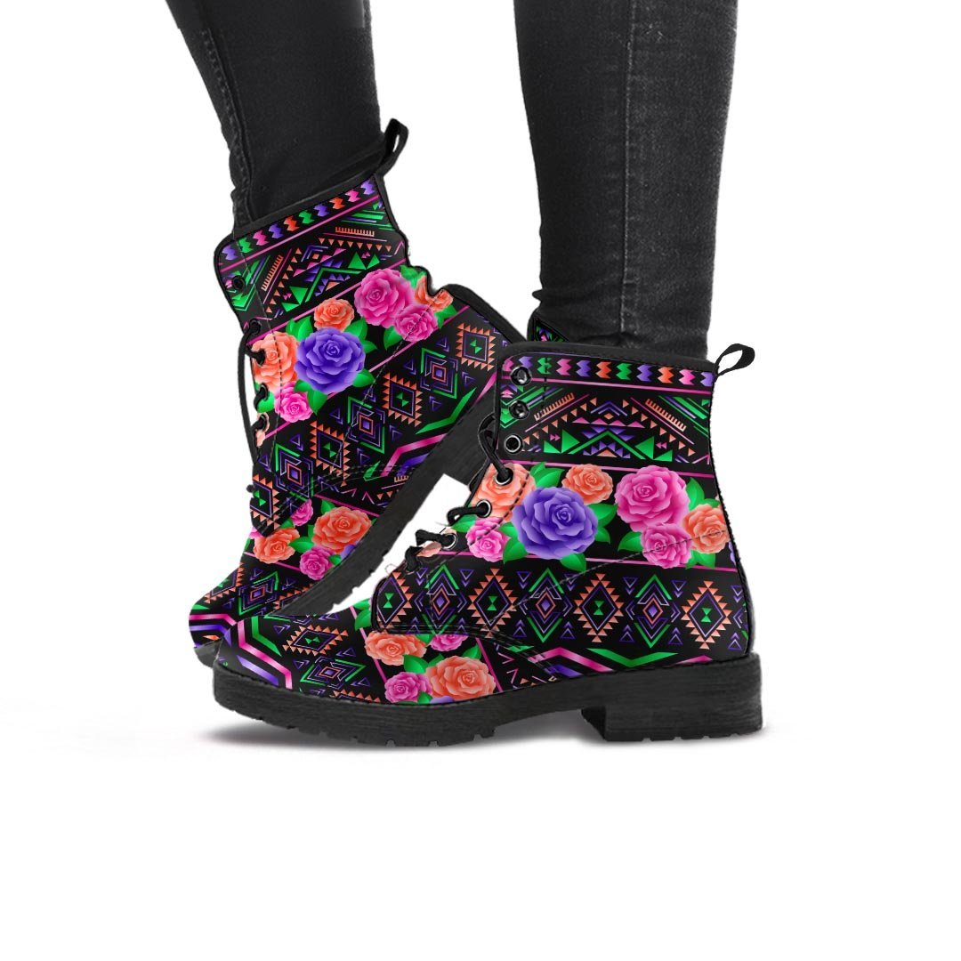 Multicolor Roses Ethnic Tribal Aztec Women's Boots-grizzshop