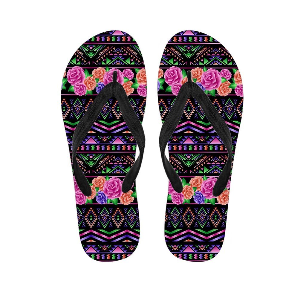 Multicolor Roses Ethnic Tribal Aztec Women's Flip Flops-grizzshop