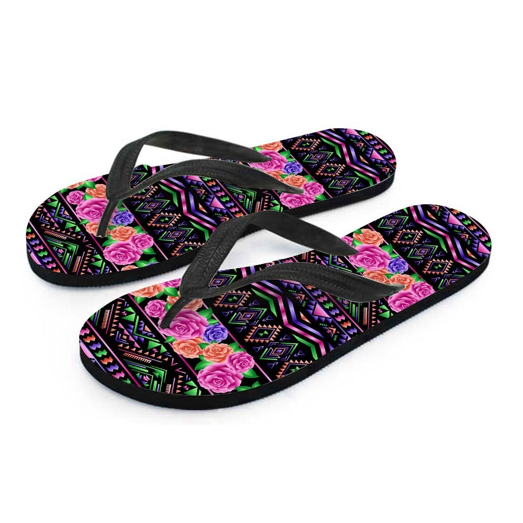Multicolor Roses Ethnic Tribal Aztec Women's Flip Flops-grizzshop