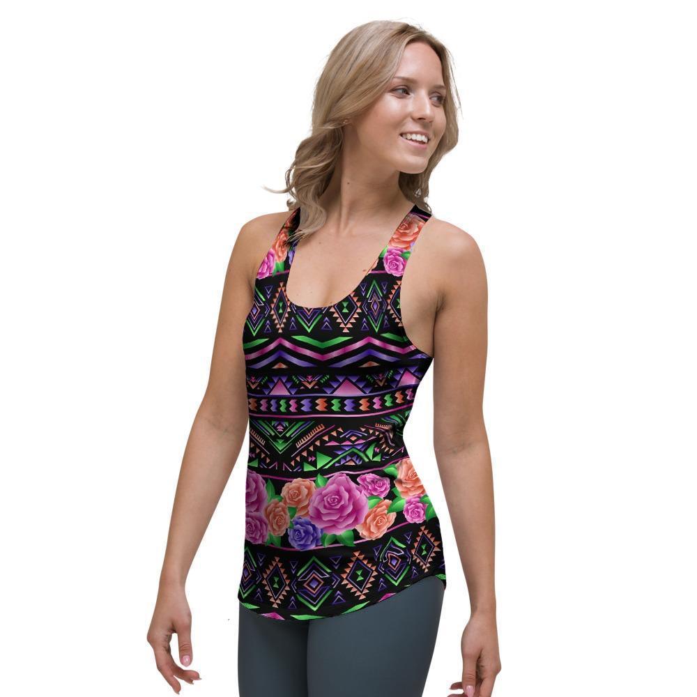Multicolor Roses Ethnic Tribal Aztec Women's Racerback Tank Top-grizzshop