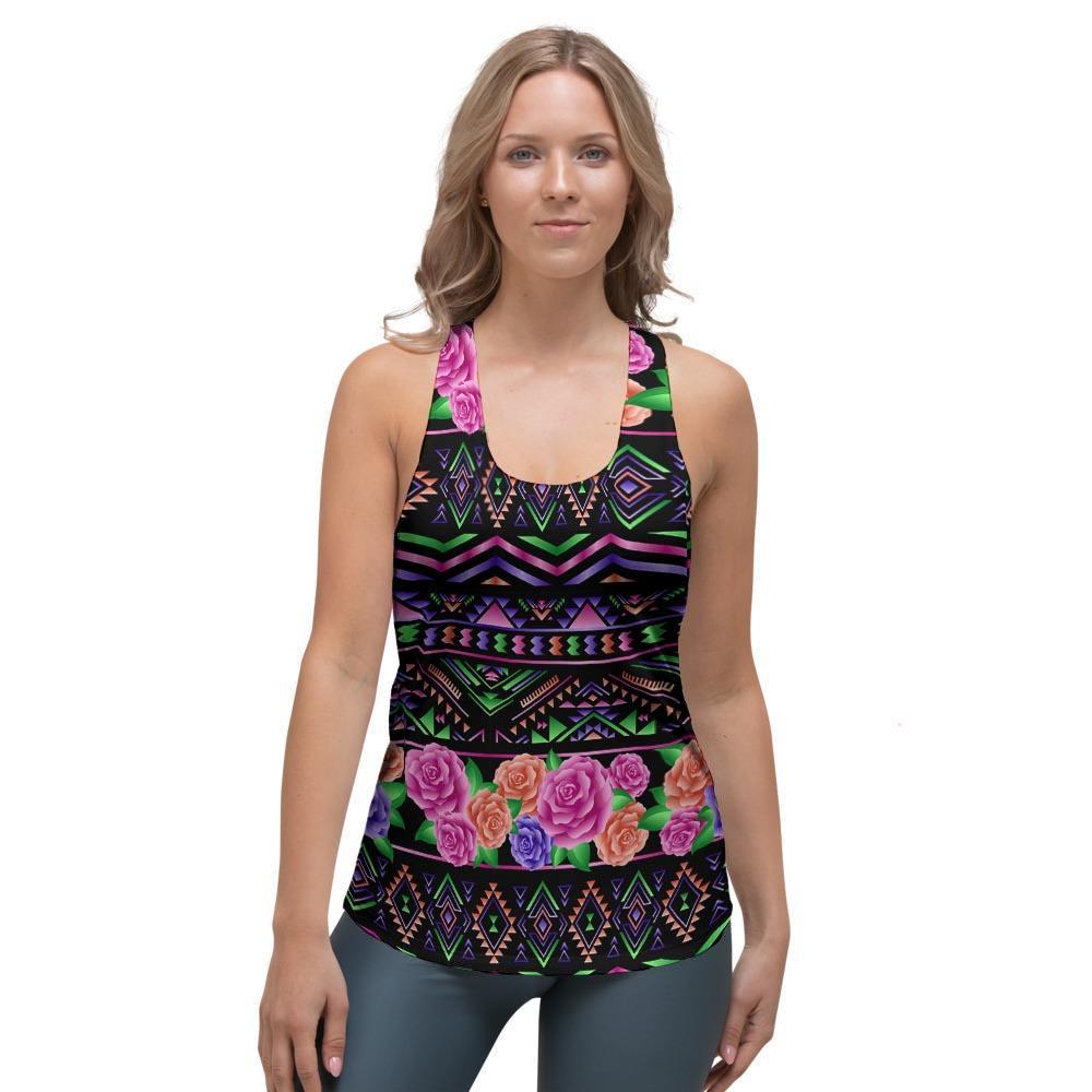 Multicolor Roses Ethnic Tribal Aztec Women's Racerback Tank Top-grizzshop