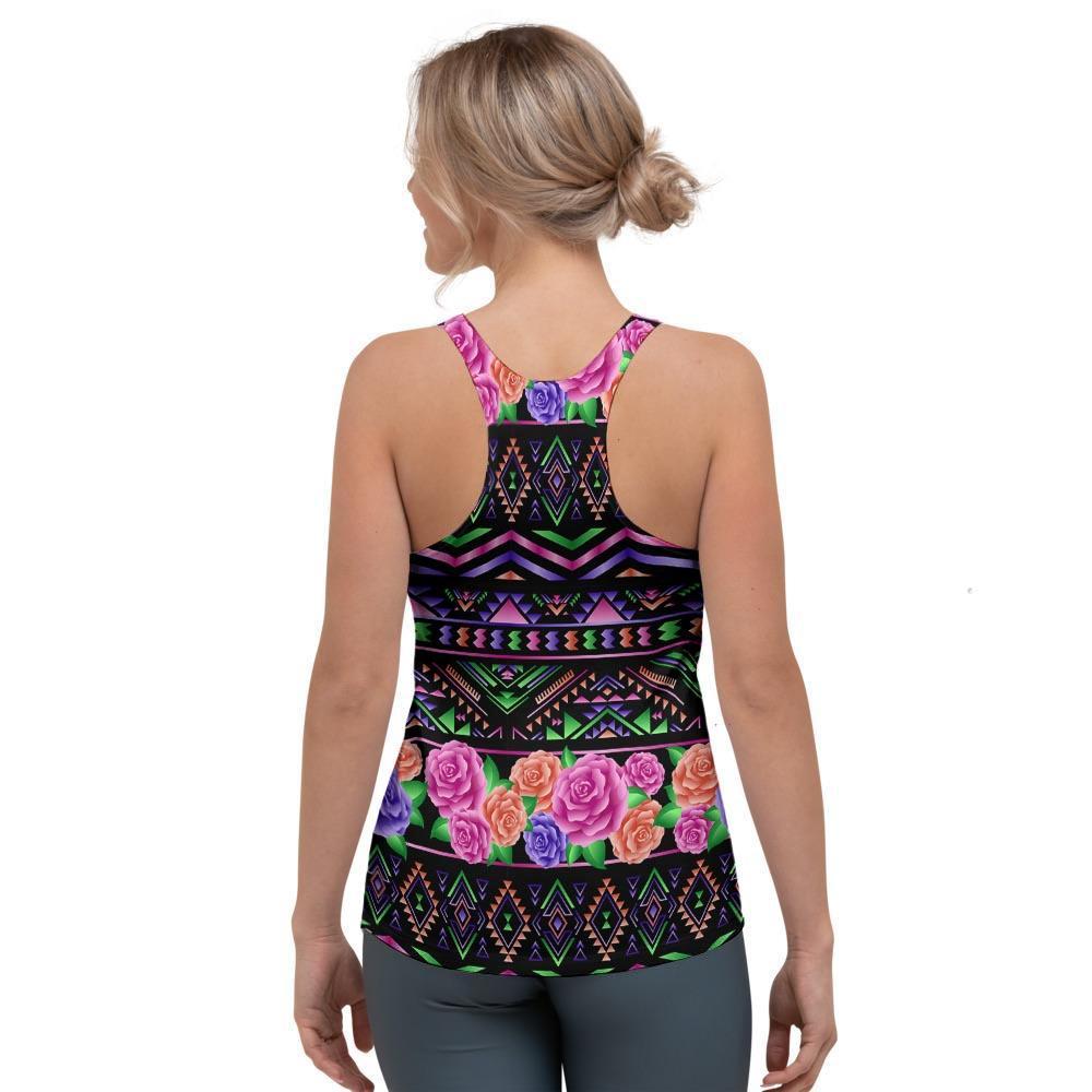 Multicolor Roses Ethnic Tribal Aztec Women's Racerback Tank Top-grizzshop