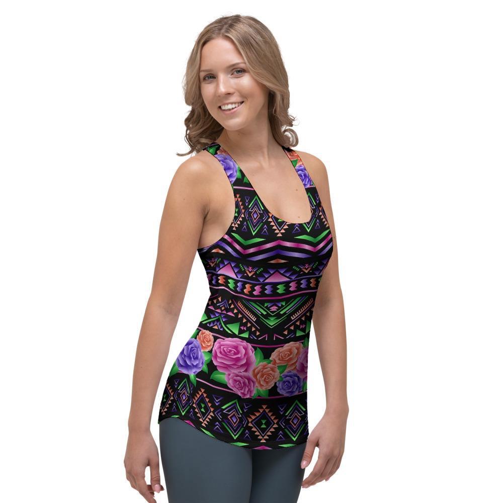 Multicolor Roses Ethnic Tribal Aztec Women's Racerback Tank Top-grizzshop
