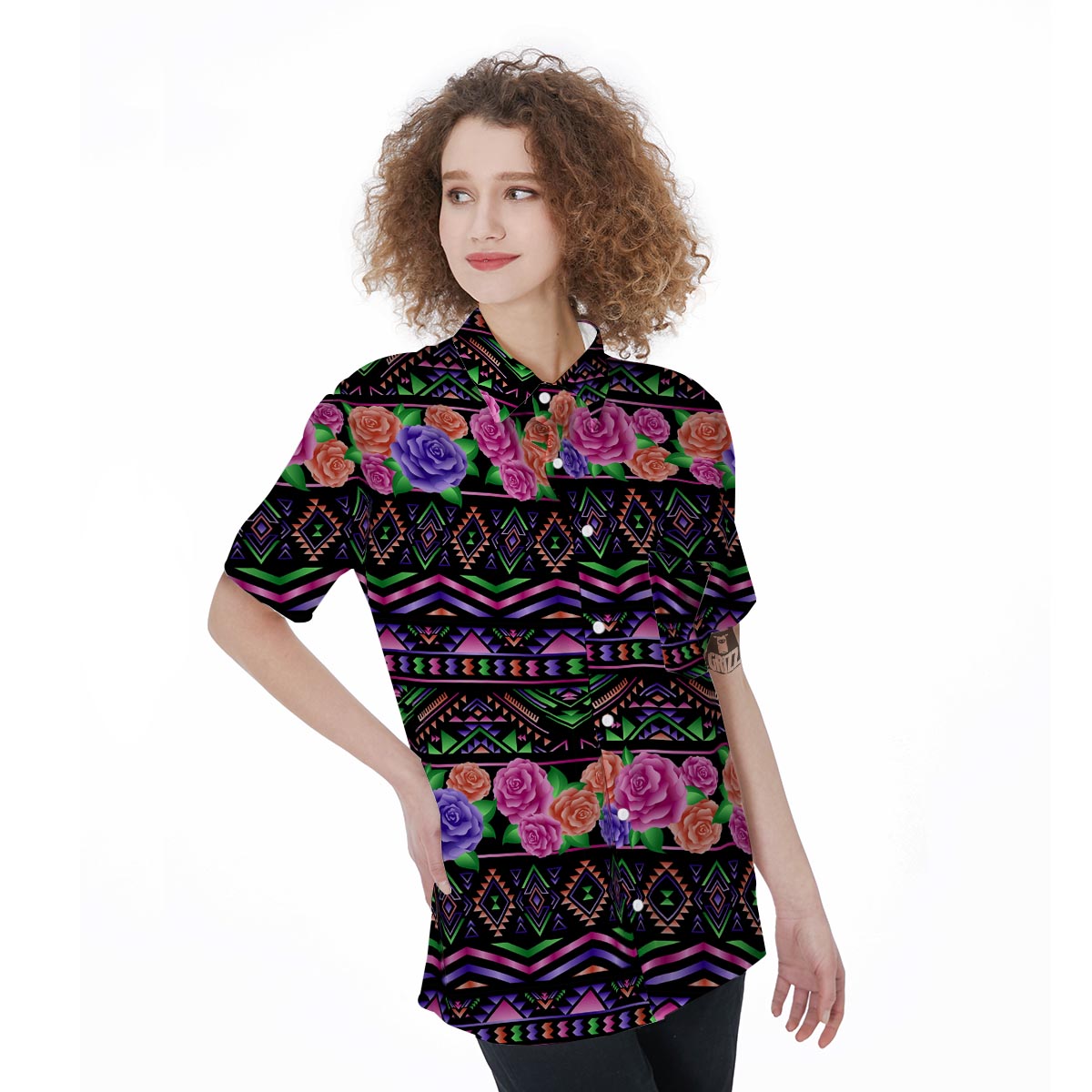 Multicolor Roses Ethnic Tribal Aztec Women's Short Sleeve Shirts-grizzshop
