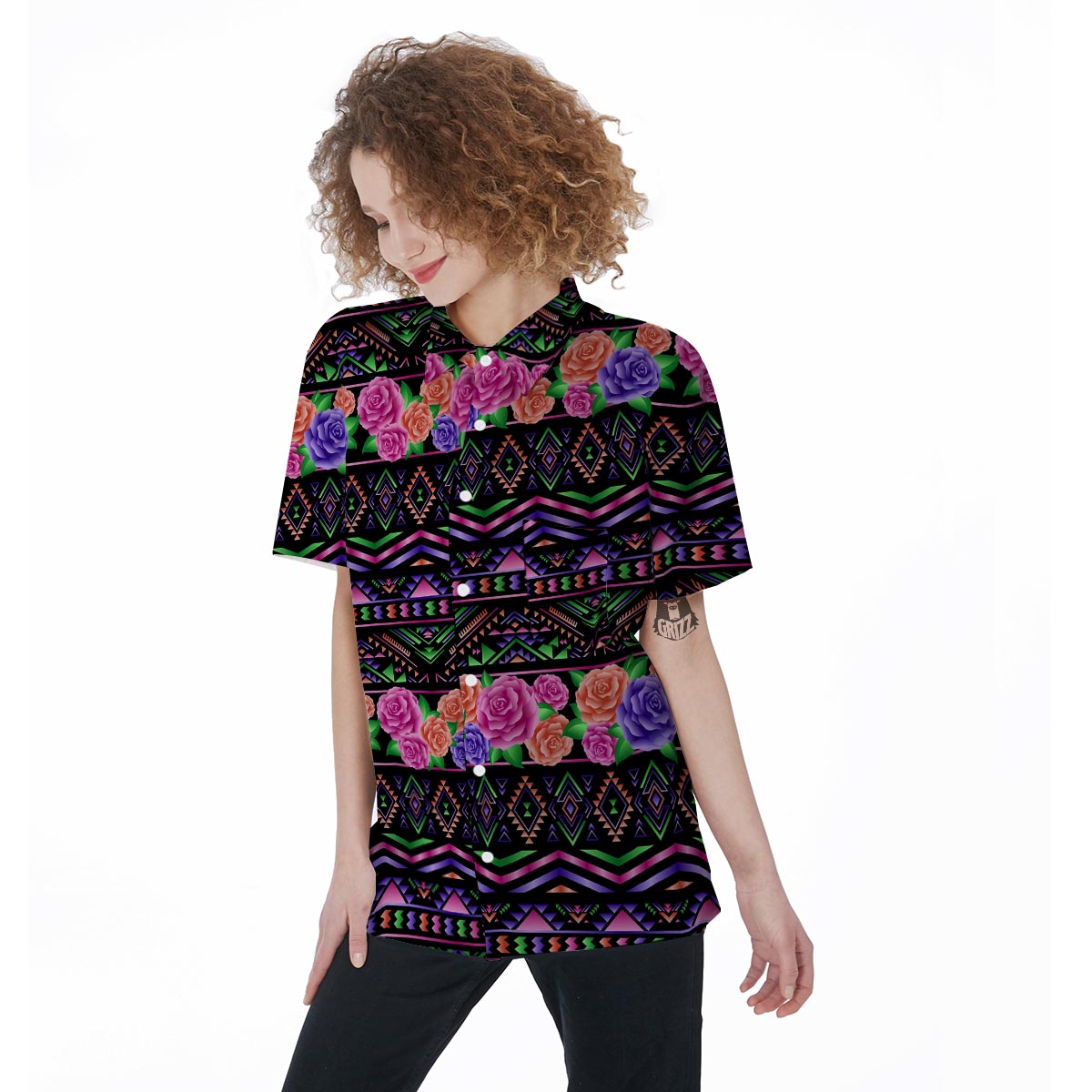 Multicolor Roses Ethnic Tribal Aztec Women's Short Sleeve Shirts-grizzshop