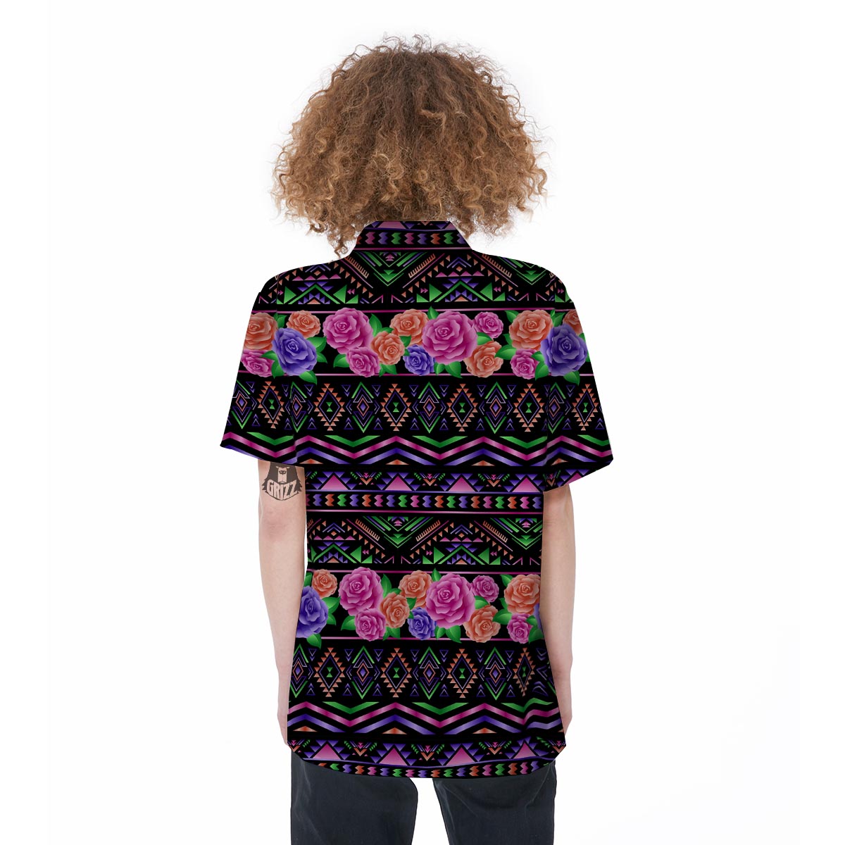 Multicolor Roses Ethnic Tribal Aztec Women's Short Sleeve Shirts-grizzshop