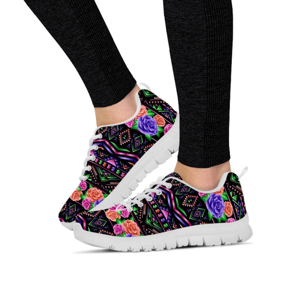 Multicolor Roses Ethnic Tribal Aztec Women's Sneakers-grizzshop