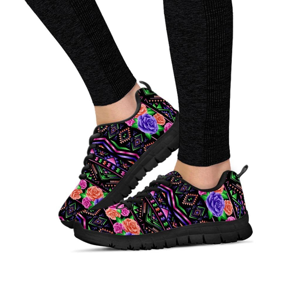 Multicolor Roses Ethnic Tribal Aztec Women's Sneakers-grizzshop