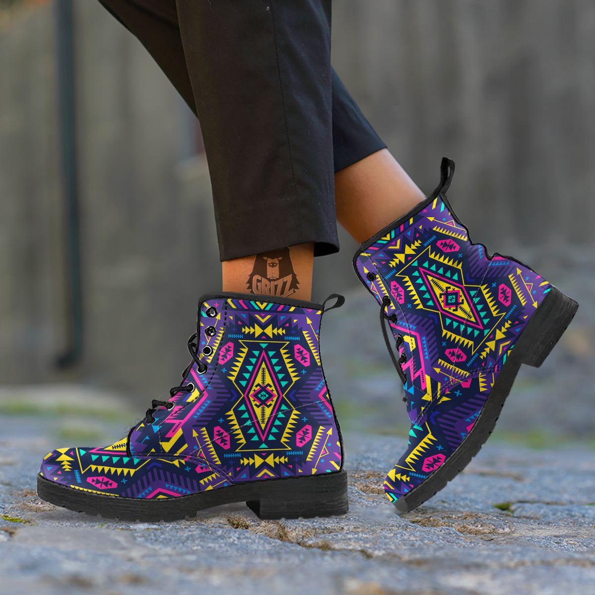 Multicolor Tribal Navajo Geometric Print Leather Boots-grizzshop