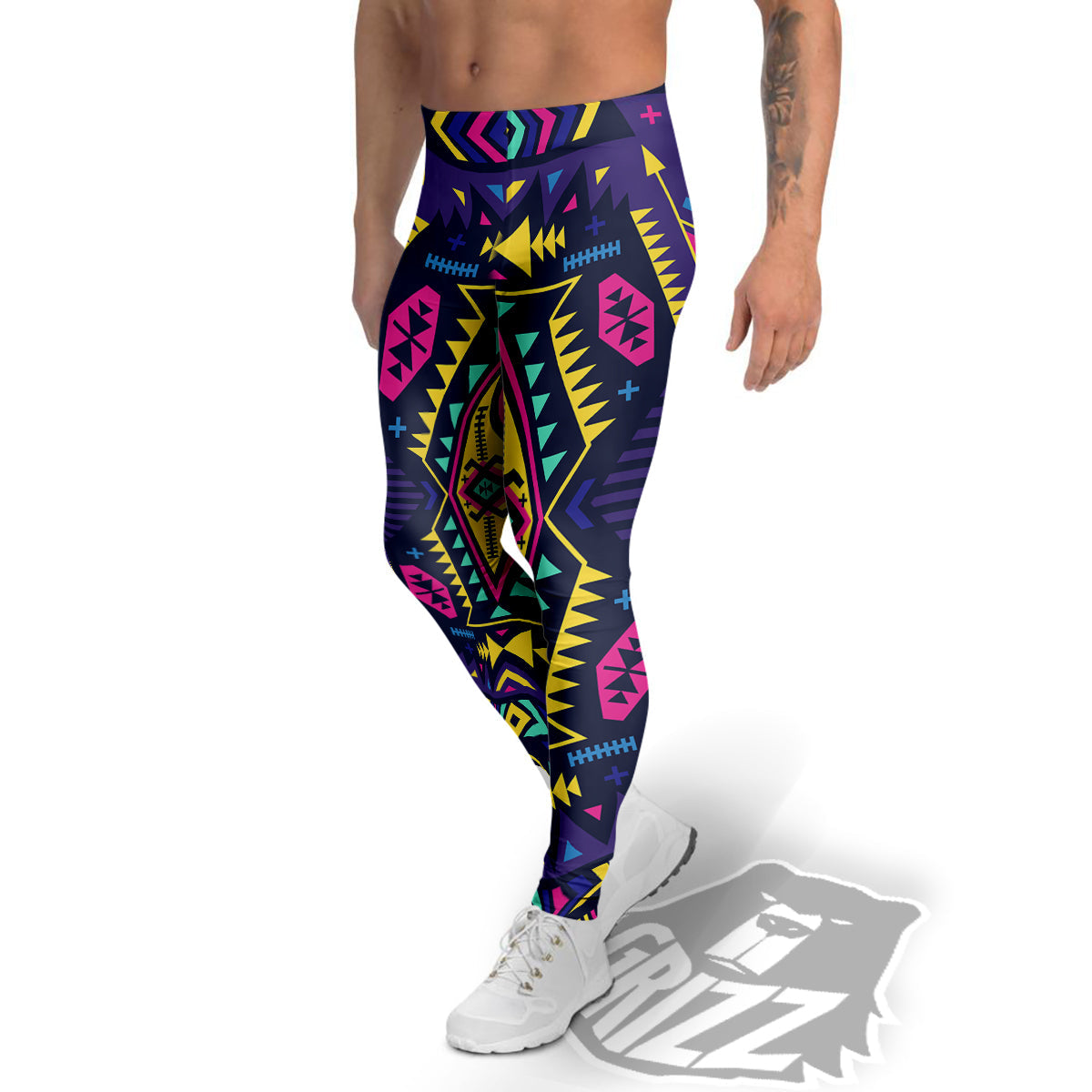 Multicolor Tribal Navajo Geometric Print Men's Leggings-grizzshop