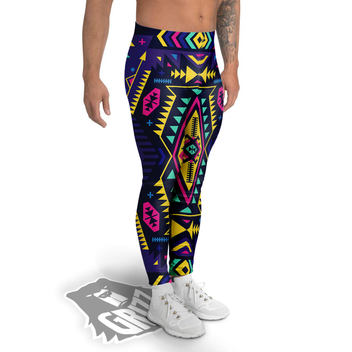 Multicolor Tribal Navajo Geometric Print Men's Leggings-grizzshop