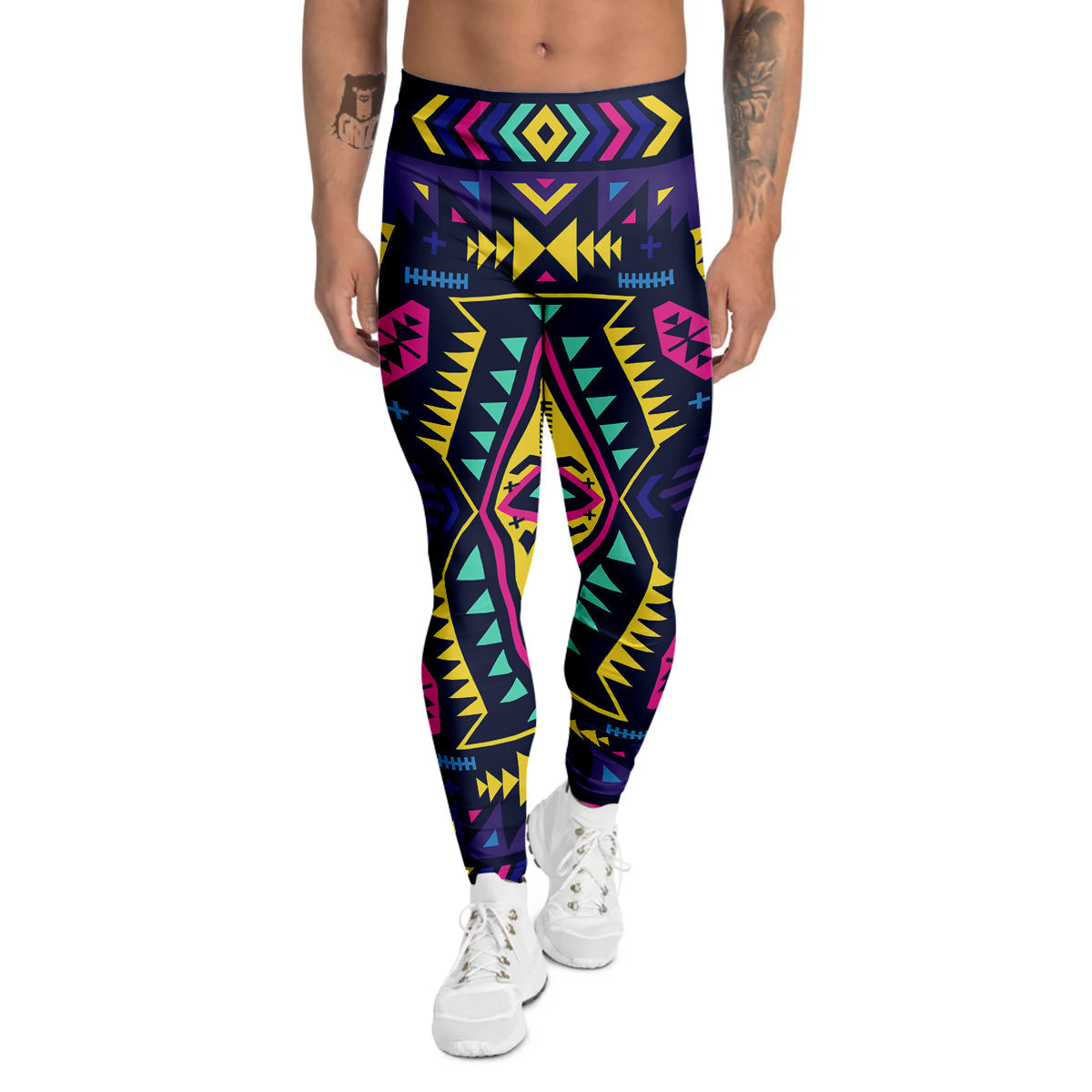 Multicolor Tribal Navajo Geometric Print Men's Leggings-grizzshop