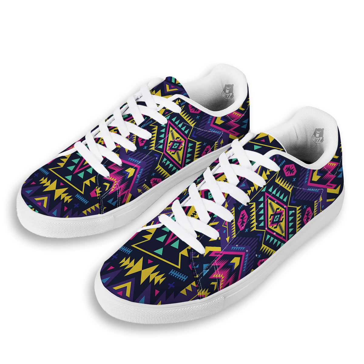 Multicolor Tribal Navajo Geometric Print White Low Top Sneakers-grizzshop