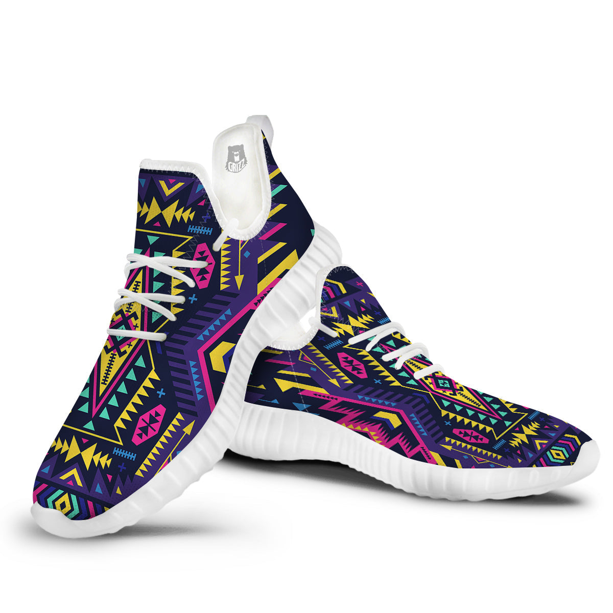 Multicolor Tribal Navajo Geometric Print White Walking Shoes-grizzshop