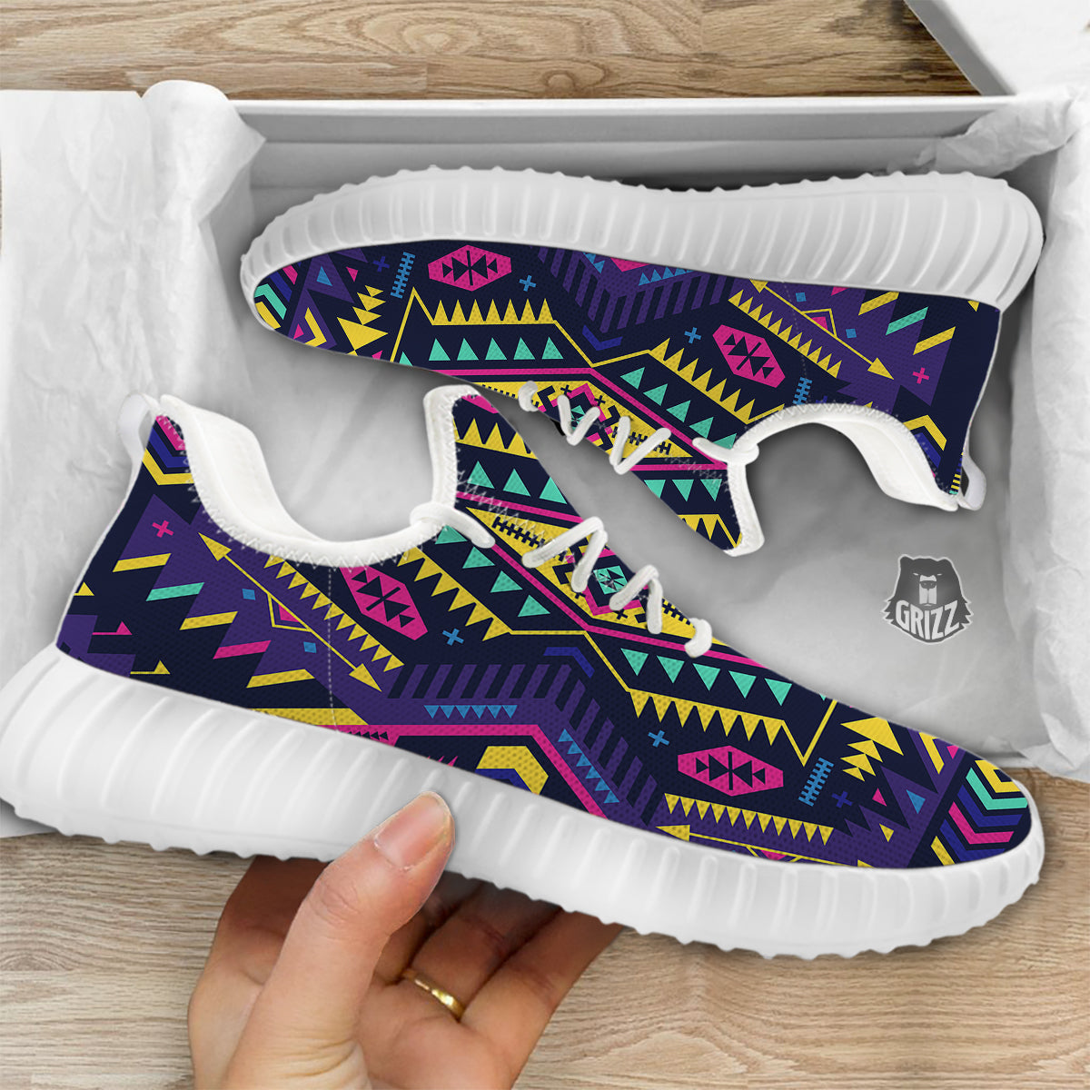 Multicolor Tribal Navajo Geometric Print White Walking Shoes-grizzshop