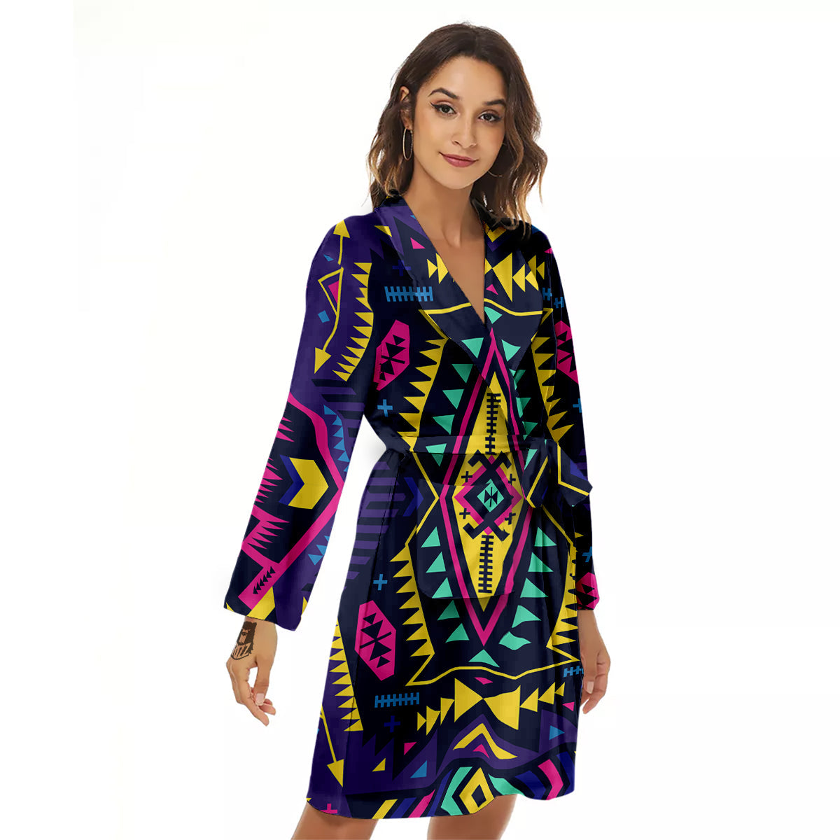 Multicolor Tribal Navajo Geometric Print Women's Robe-grizzshop