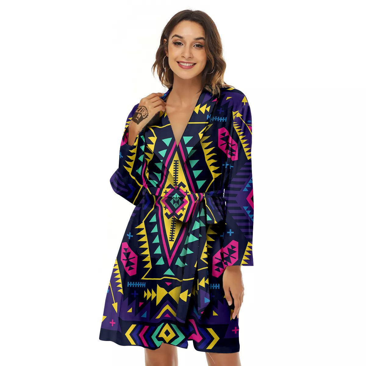 Multicolor Tribal Navajo Geometric Print Women's Robe-grizzshop