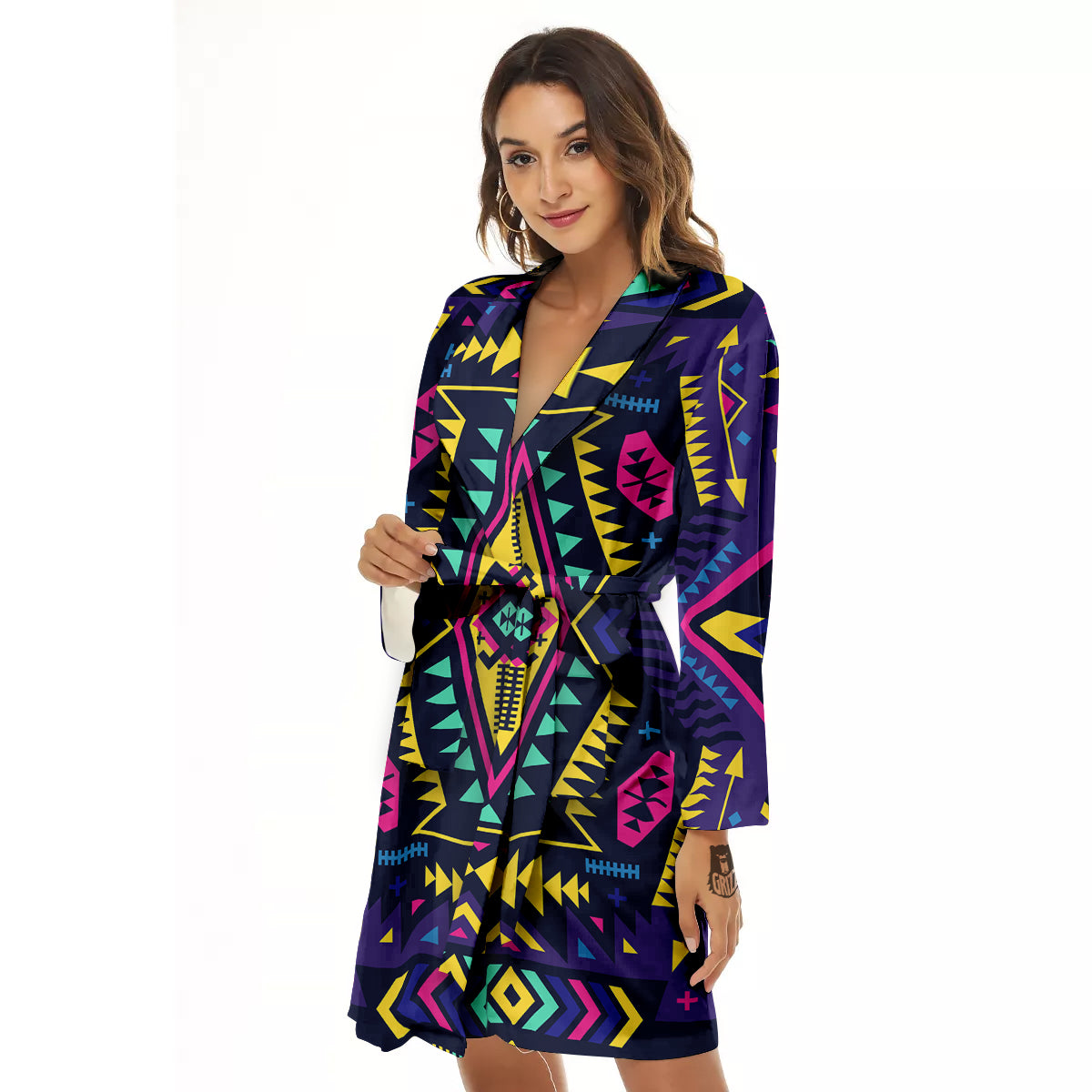 Multicolor Tribal Navajo Geometric Print Women's Robe-grizzshop
