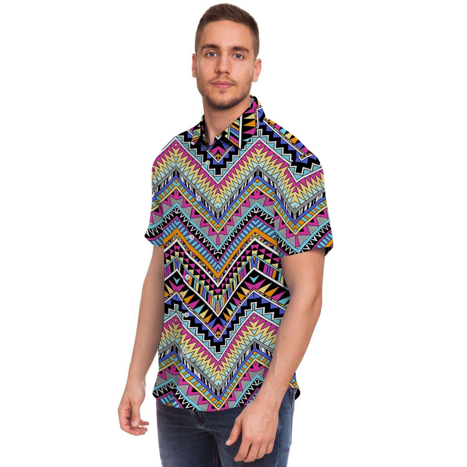 Multicolor Zigzag Indian Aztec Men's Short Sleeve Shirt-grizzshop
