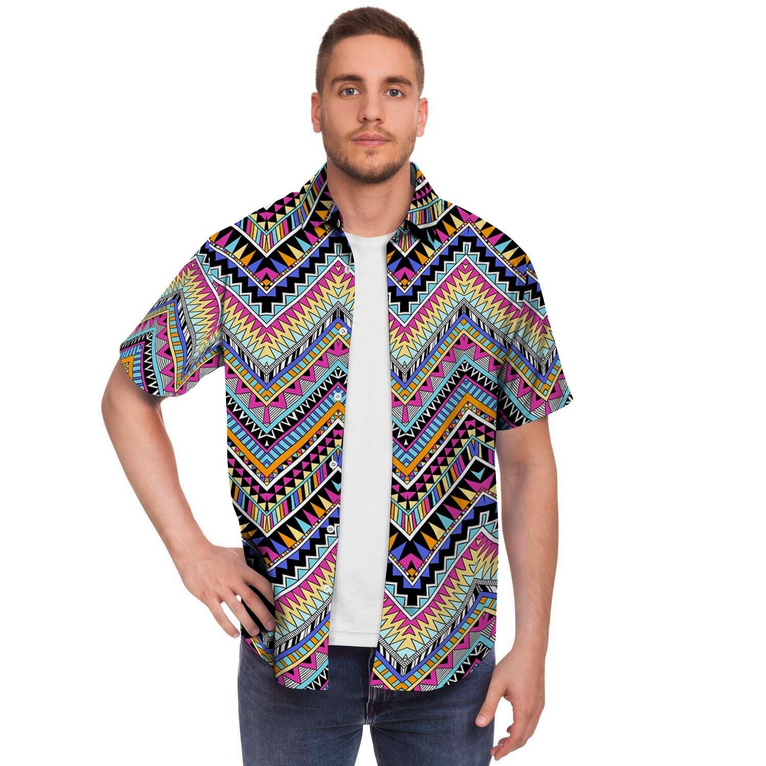 Multicolor Zigzag Indian Aztec Men's Short Sleeve Shirt-grizzshop