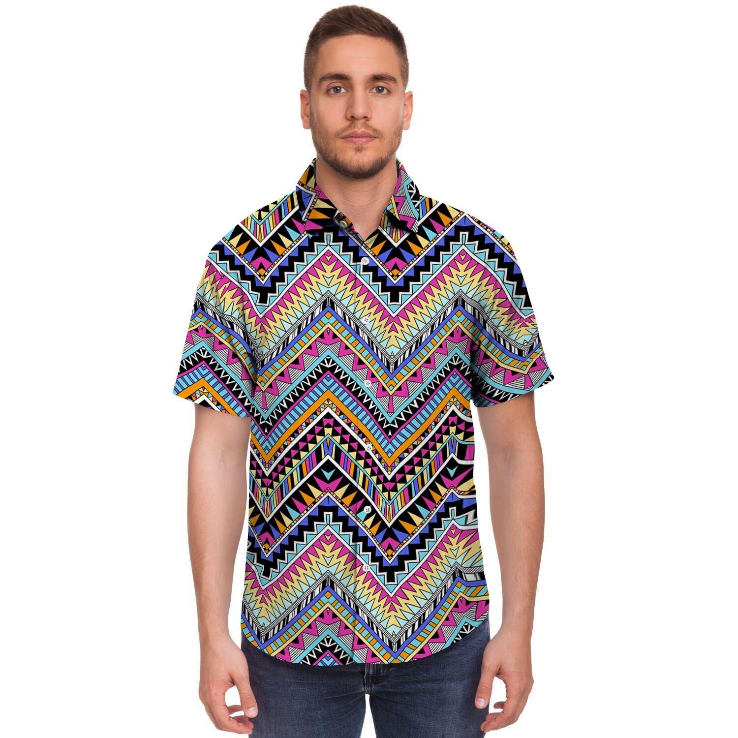 Multicolor Zigzag Indian Aztec Men's Short Sleeve Shirt-grizzshop