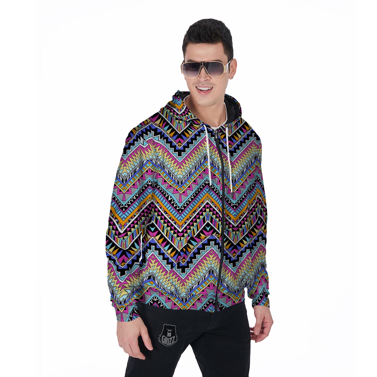Multicolor Zigzag Indian Aztec Men's Zip Up Hoodie-grizzshop