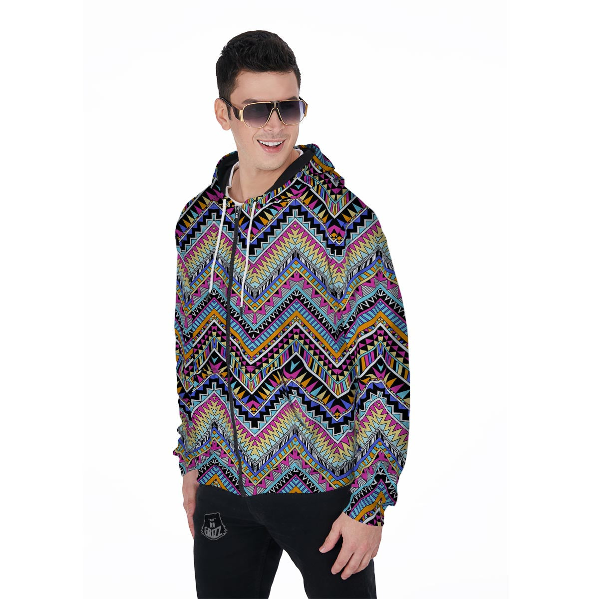 Multicolor Zigzag Indian Aztec Men's Zip Up Hoodie-grizzshop