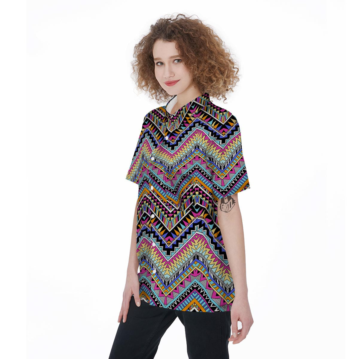 Multicolor Zigzag Indian Aztec Women's Short Sleeve Shirts-grizzshop