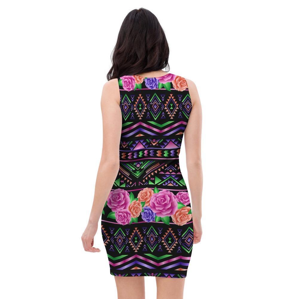 Multicolor Roses Ethnic Tribal Aztec Bodycon Dress-grizzshop