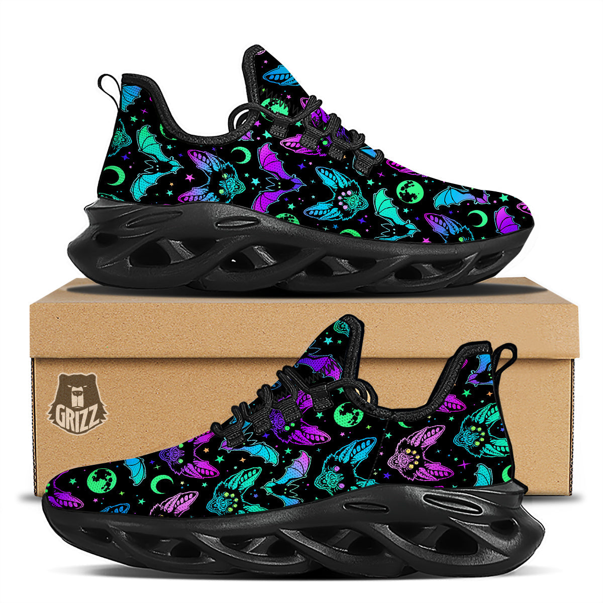 Multicolored Bats Print Pattern Black Running Shoes-grizzshop