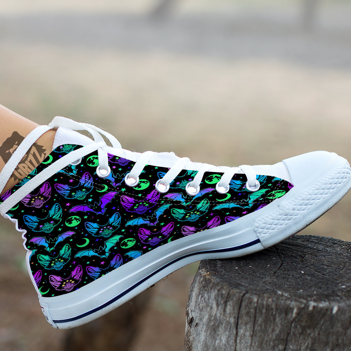 Multicolored Bats Print Pattern White High Top Shoes-grizzshop