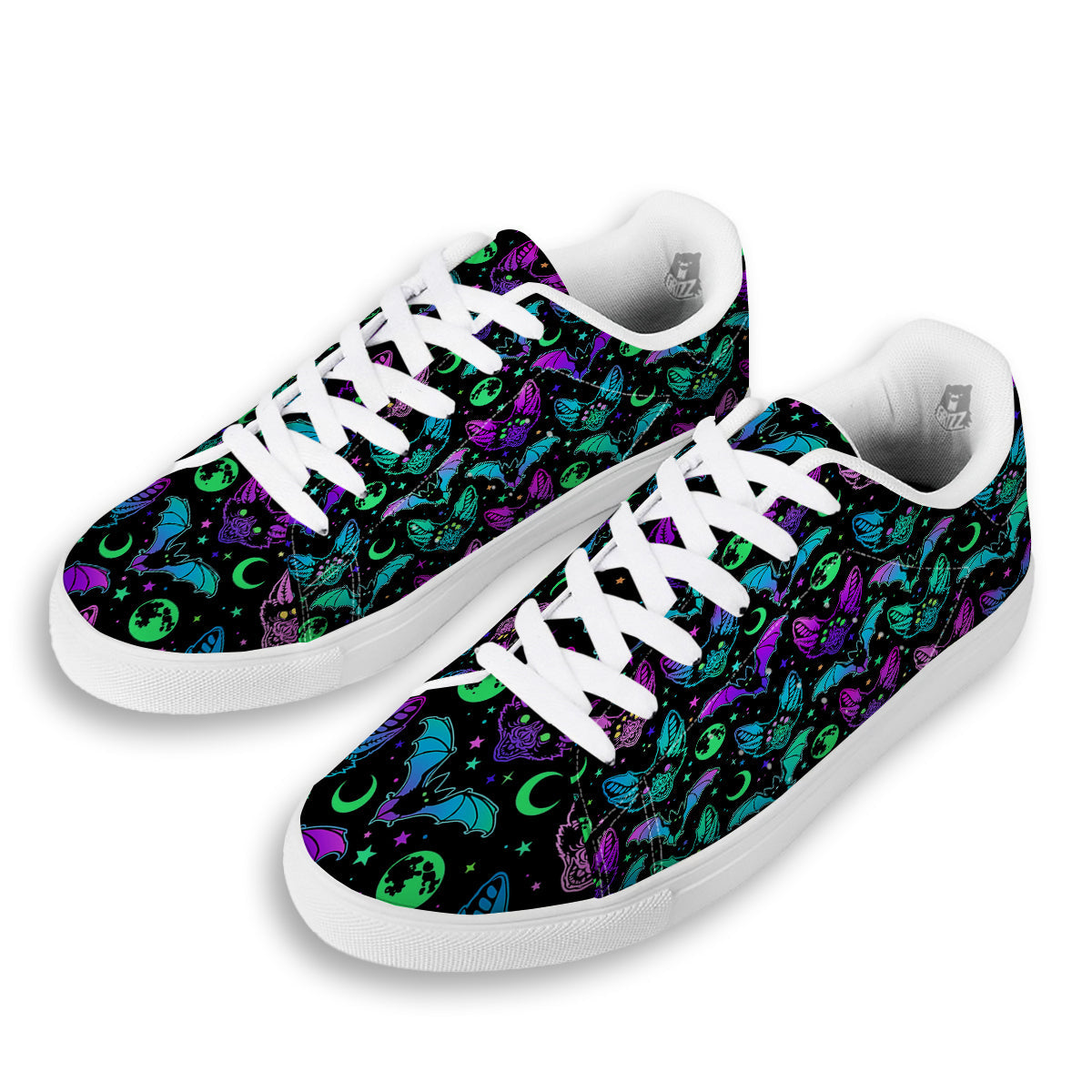 Multicolored Bats Print Pattern White Low Top Sneakers-grizzshop