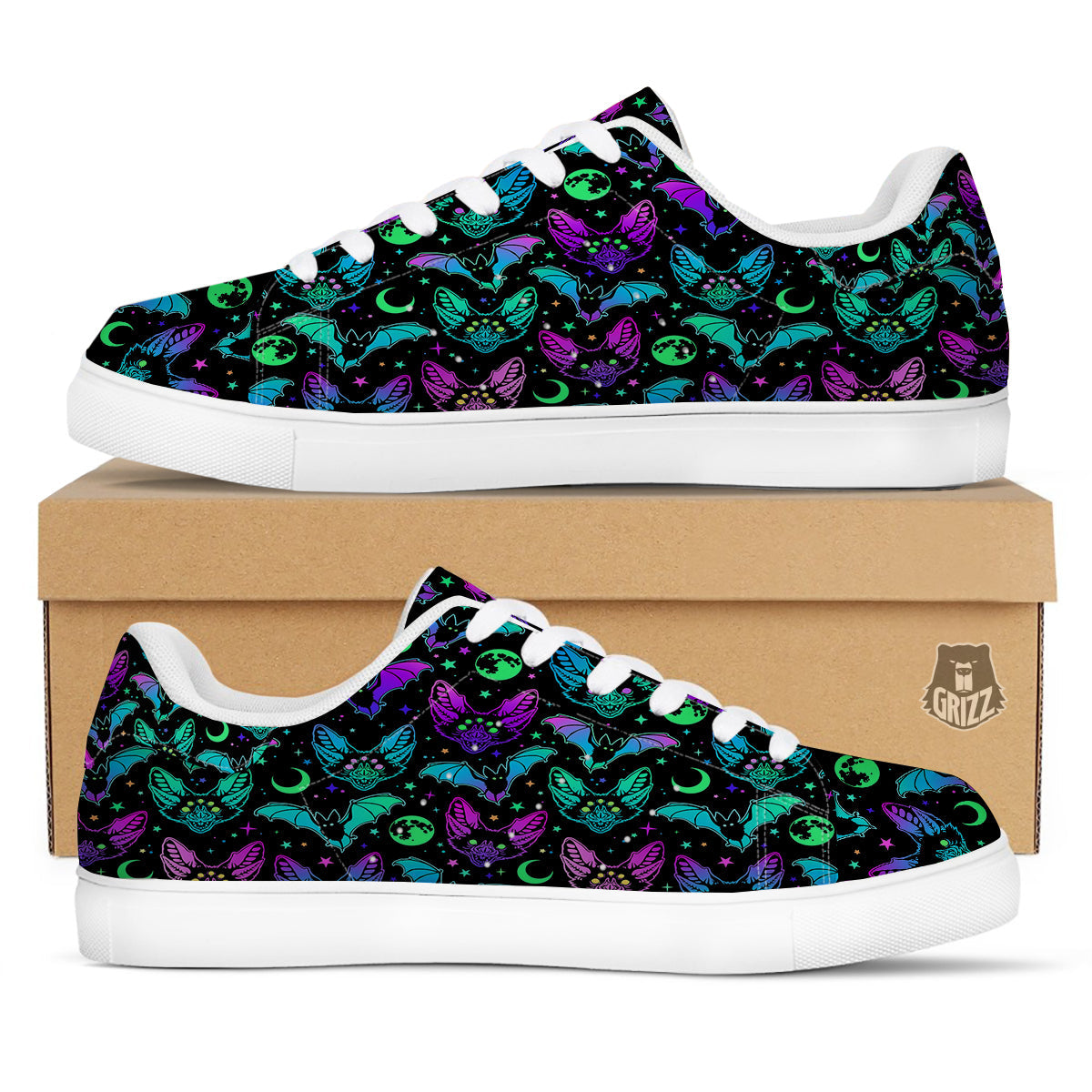 Multicolored Bats Print Pattern White Low Top Sneakers-grizzshop