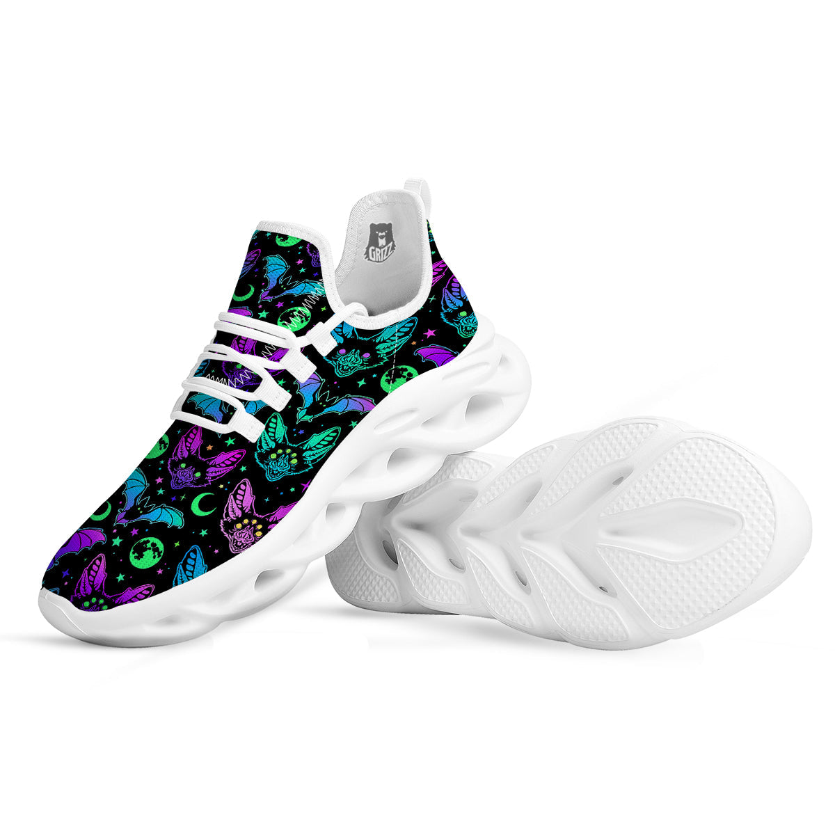 Multicolored Bats Print Pattern White Running Shoes-grizzshop