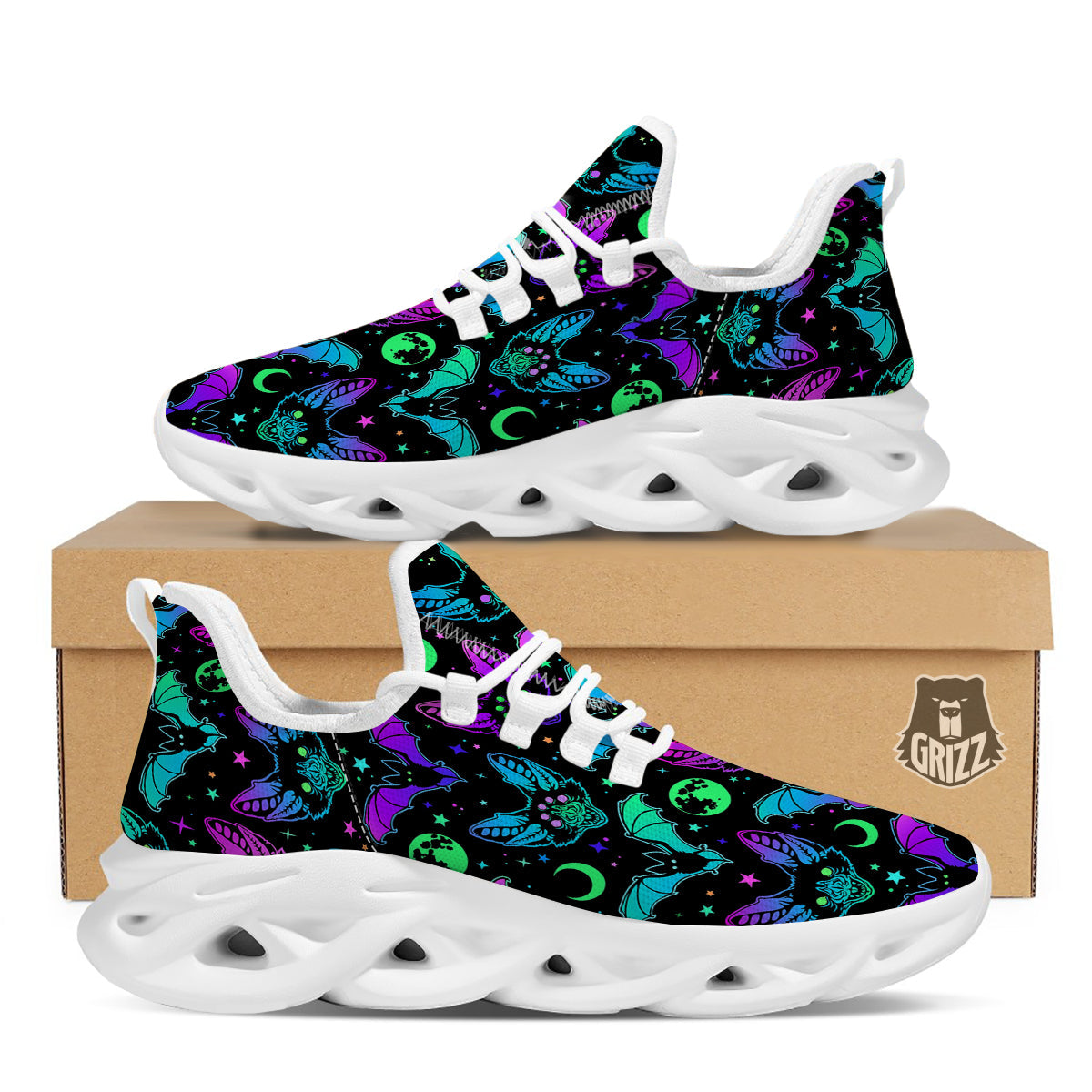 Multicolored Bats Print Pattern White Running Shoes-grizzshop