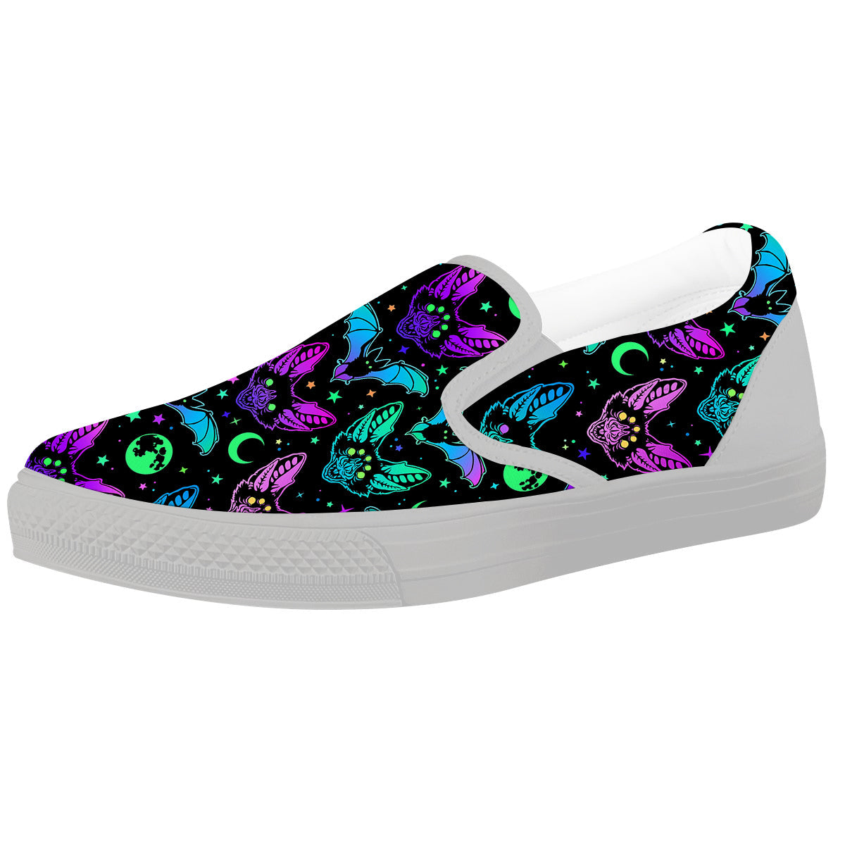 Multicolored Bats Print Pattern White Slip On Shoes-grizzshop