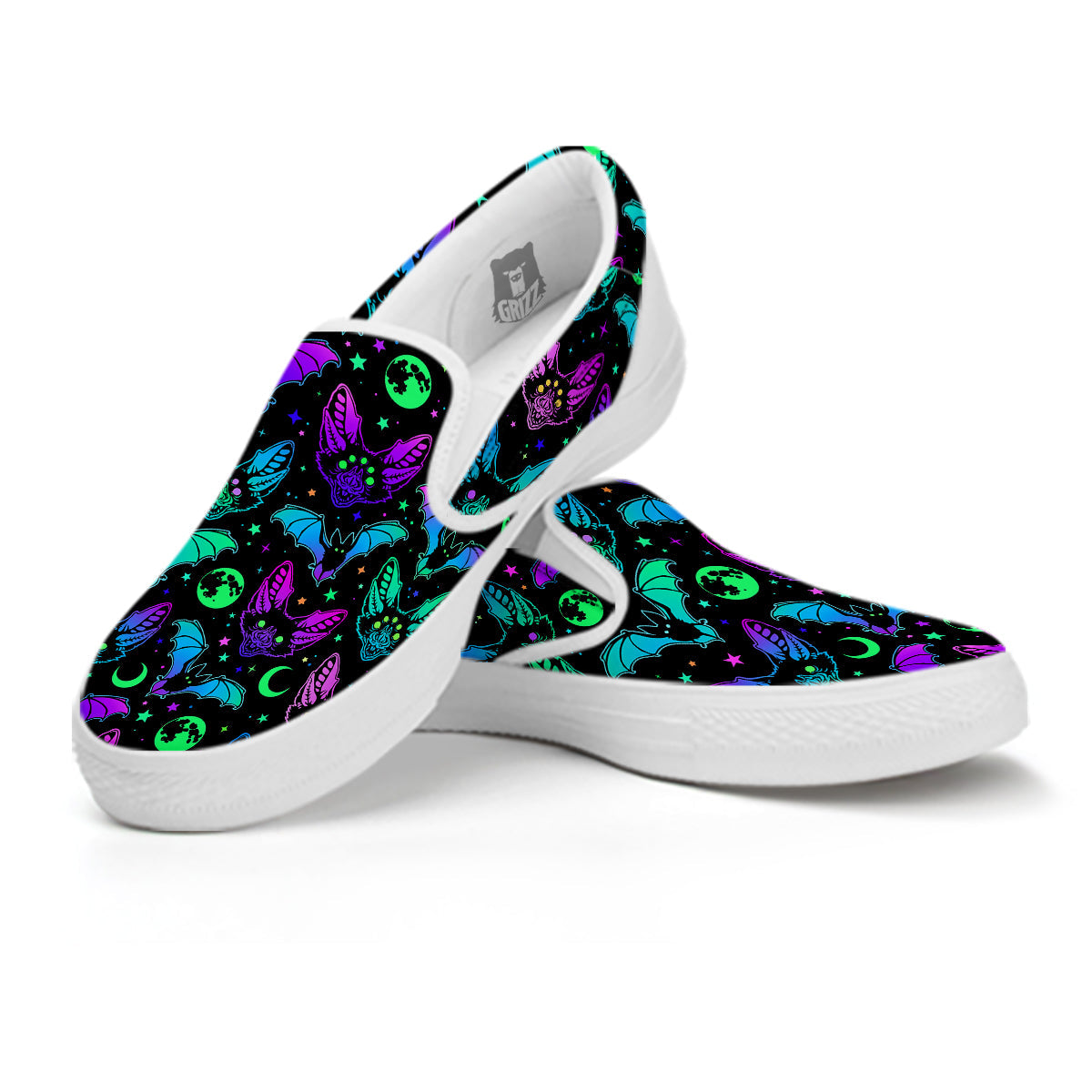 Multicolored Bats Print Pattern White Slip On Shoes-grizzshop