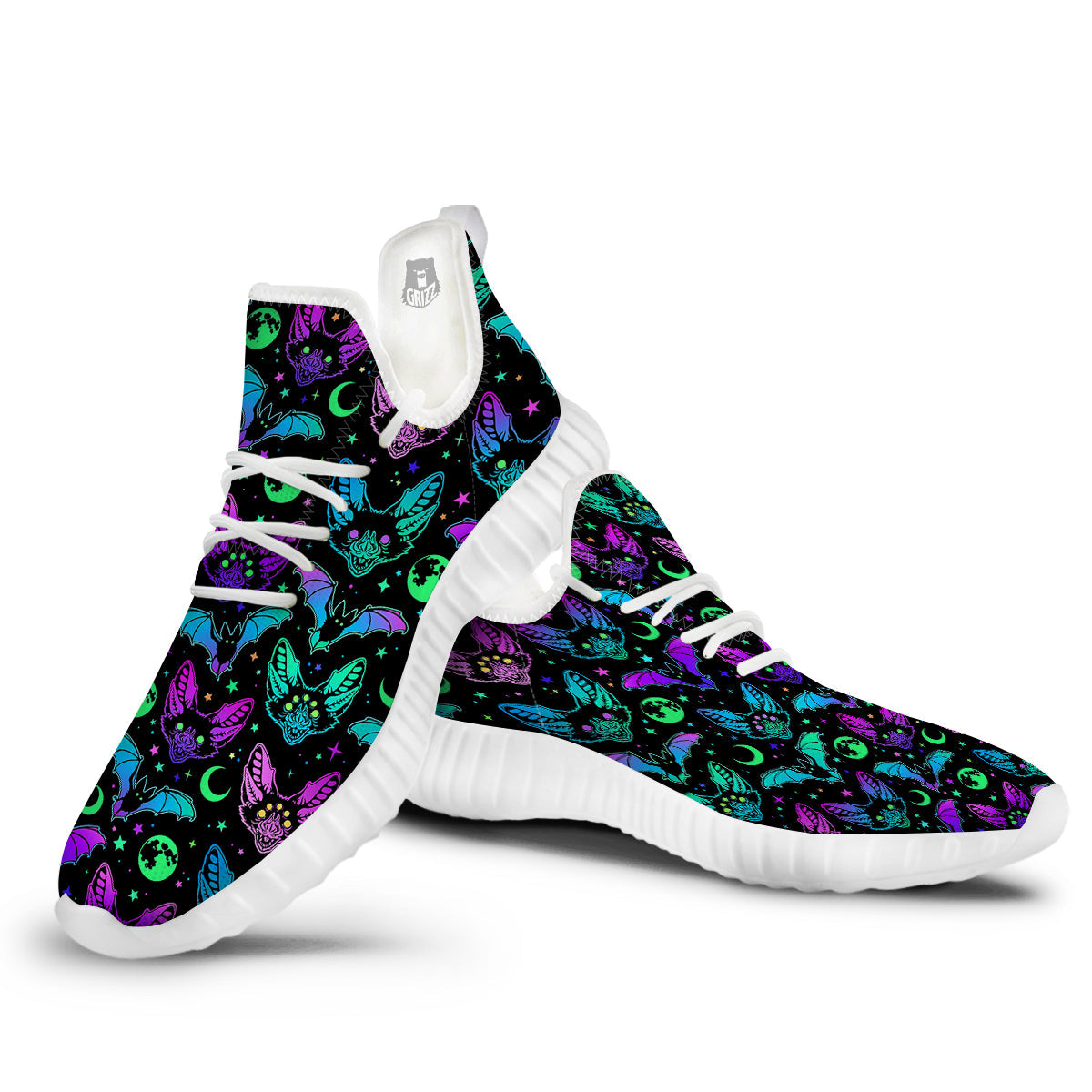 Multicolored Bats Print Pattern White Walking Shoes-grizzshop