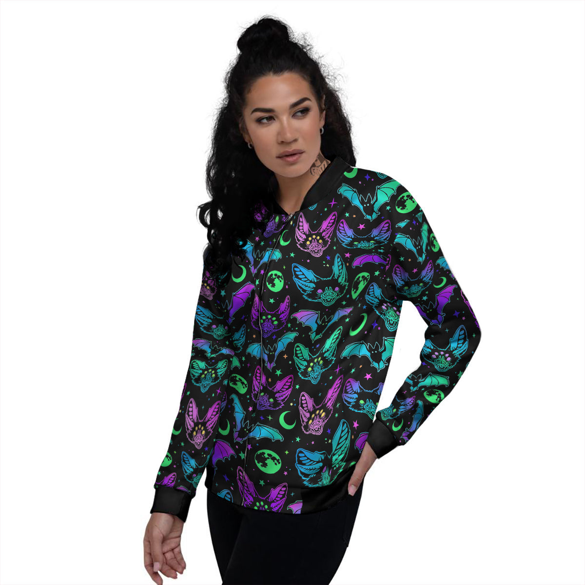 Multicolored Bats Print Pattern Women's Bomber Jacket-grizzshop