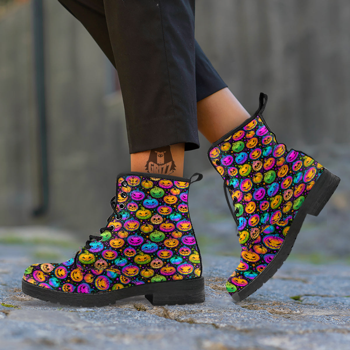 Multicolored Pumpkins Halloween Print Pattern Leather Boots-grizzshop