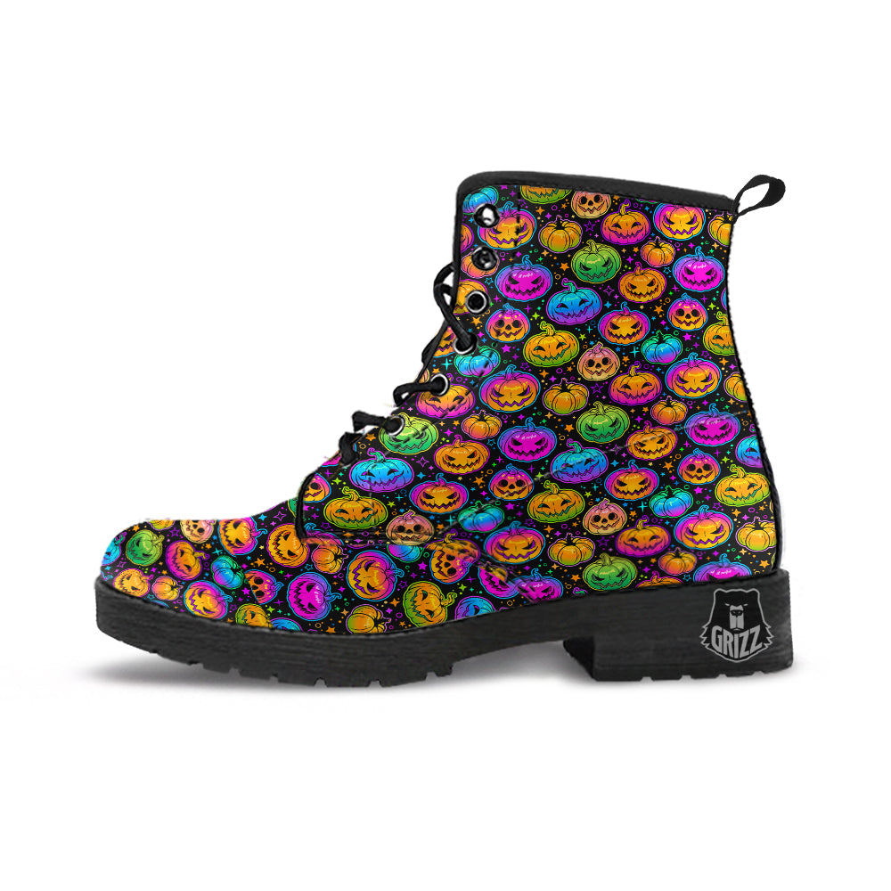 Multicolored Pumpkins Halloween Print Pattern Leather Boots-grizzshop